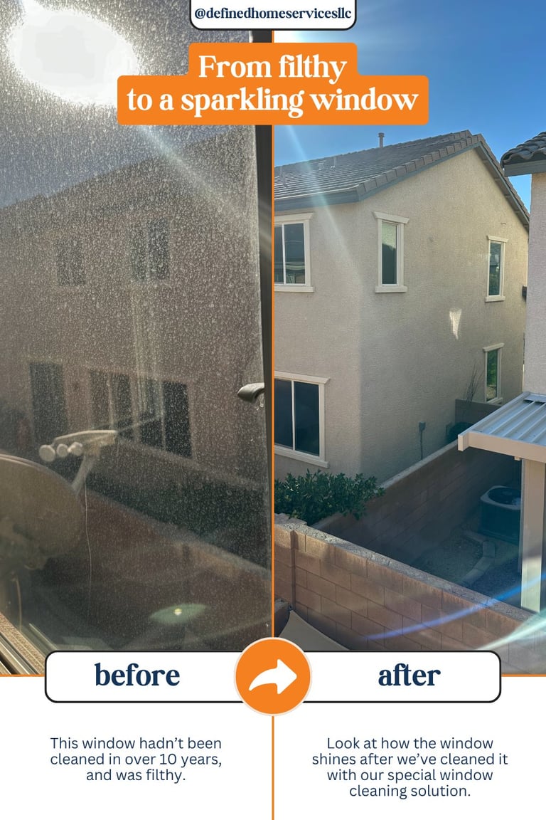 Before and after window cleaning showing dirty filthy window on left and sparkling clean window on right