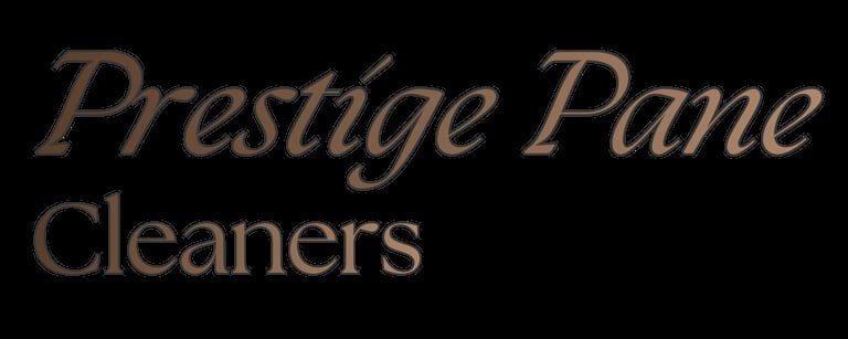 Prestige Pane Cleaners logo with elegant brown italicized text on black background