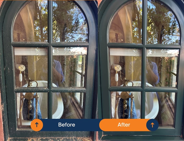 Before and after comparison of arched window cleaning, showing dirty glass panes on left and spotless clear panes on right
