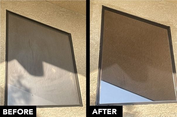 Before and after comparison of window cleaning, showing dirty glass on left and clean glass on right